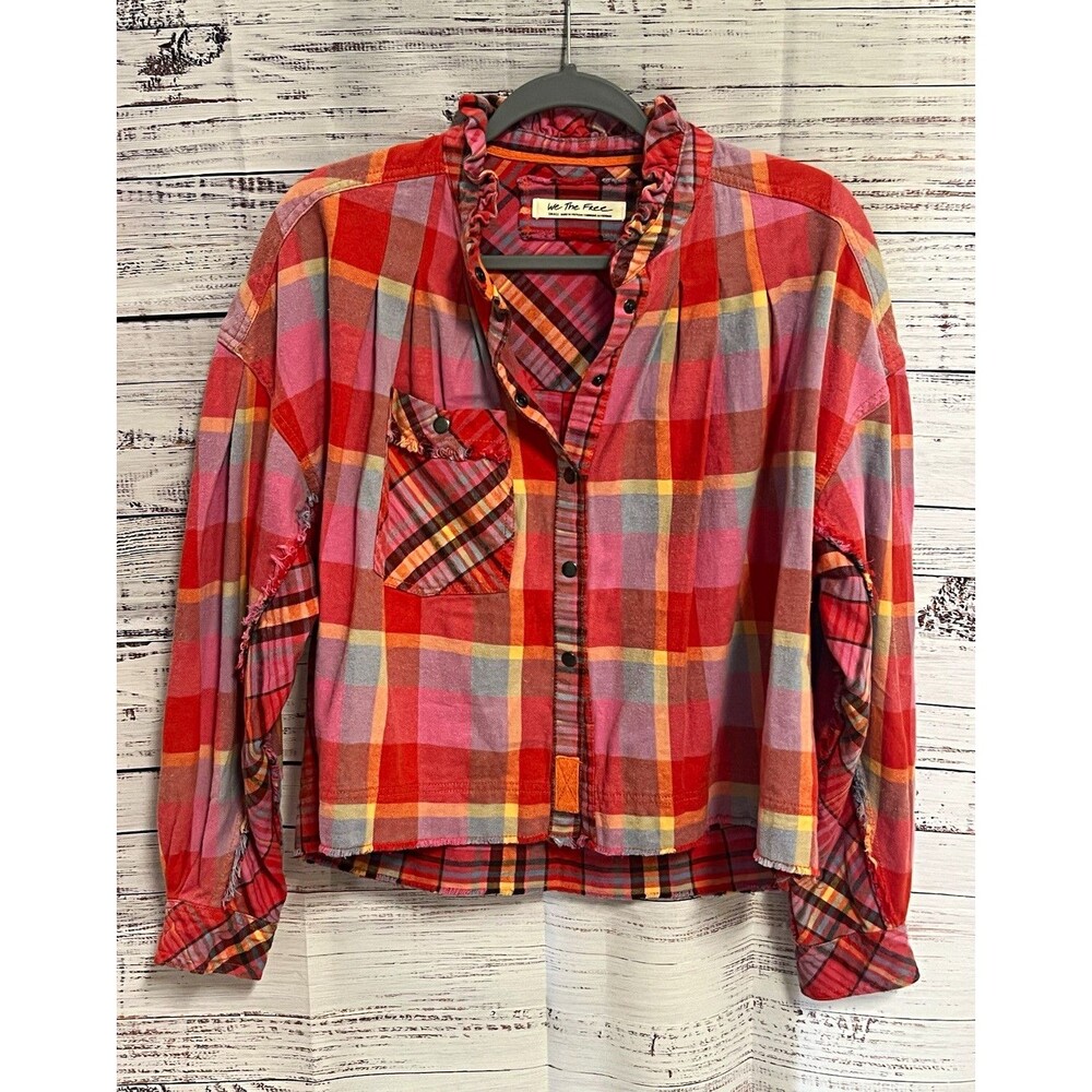 Free People We The Free Emily Mixed Plaid Ruffle Cropped Shirt Top Size S